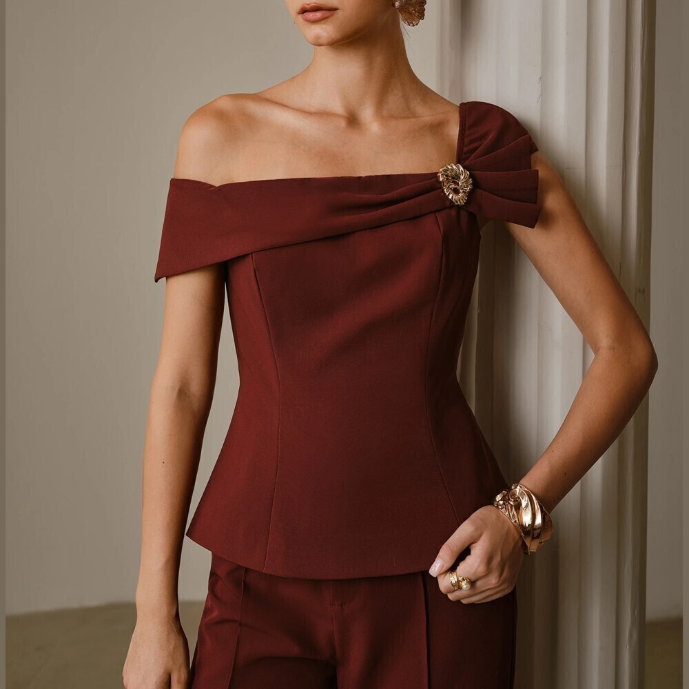 Burgundy Asymmetrical One Shoulder Bow Peplum Top